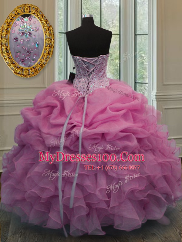 Rose Pink Organza Lace Up 15 Quinceanera Dress Sleeveless Floor Length Beading and Ruffles and Pick Ups