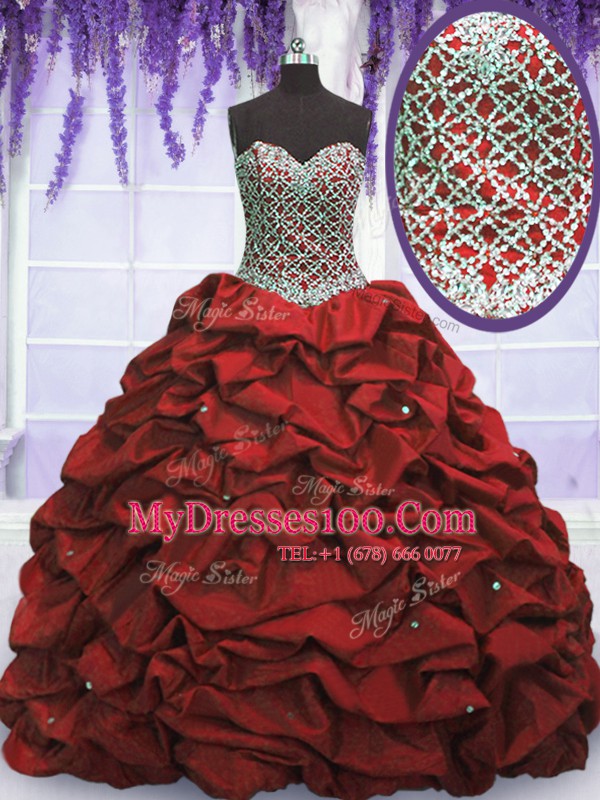 Free and Easy Wine Red Ball Gowns Taffeta Sweetheart Sleeveless Beading and Sequins and Pick Ups Floor Length Lace Up Sweet 16 Quinceanera Dress