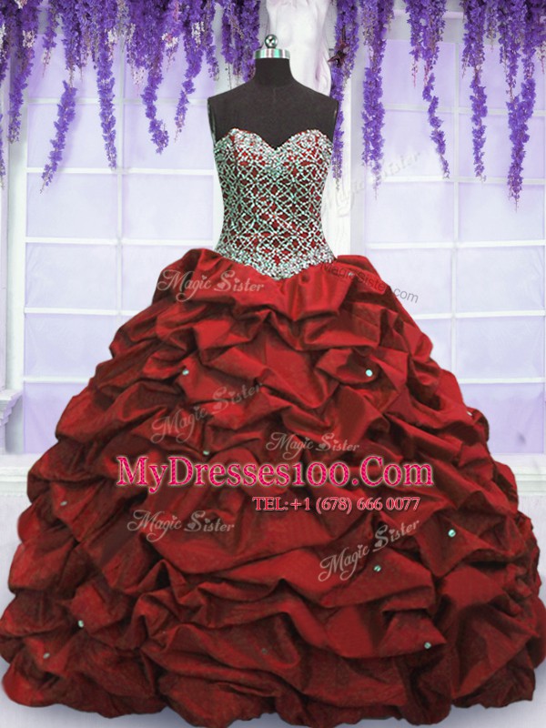 Free and Easy Wine Red Ball Gowns Taffeta Sweetheart Sleeveless Beading and Sequins and Pick Ups Floor Length Lace Up Sweet 16 Quinceanera Dress