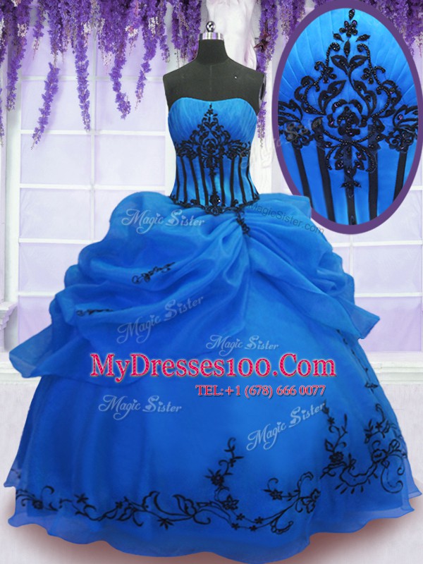 Strapless Sleeveless Lace Up Quinceanera Gown Blue Organza