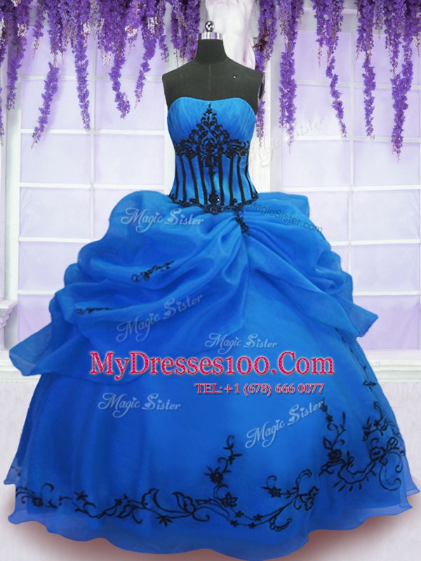 Strapless Sleeveless Lace Up Quinceanera Gown Blue Organza