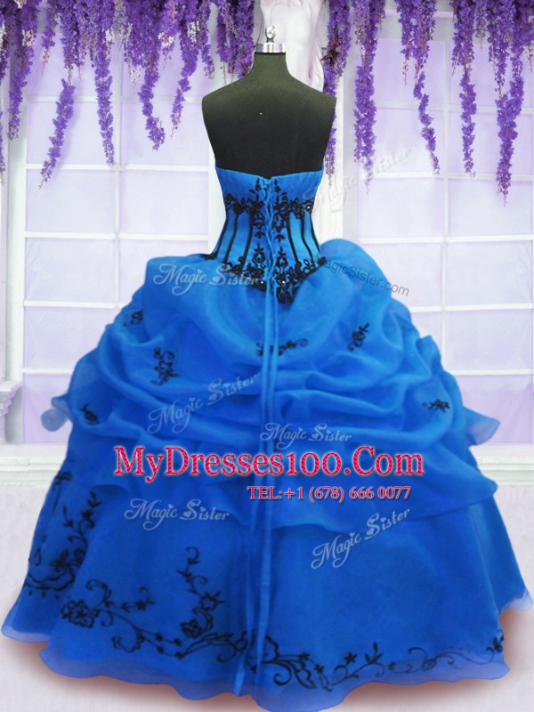 Strapless Sleeveless Lace Up Quinceanera Gown Blue Organza