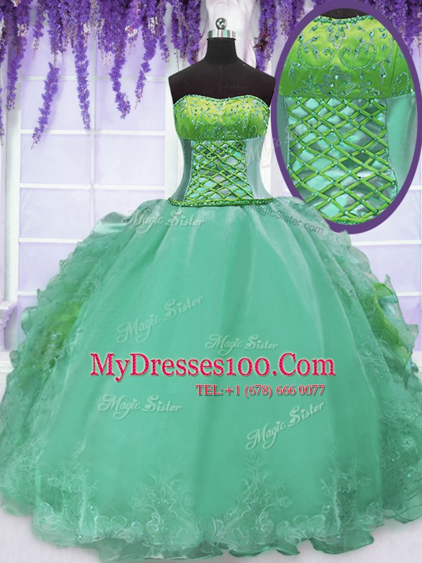 Admirable Turquoise Ball Gowns Strapless Sleeveless Organza Floor Length Lace Up Embroidery and Ruffles Quinceanera Gowns