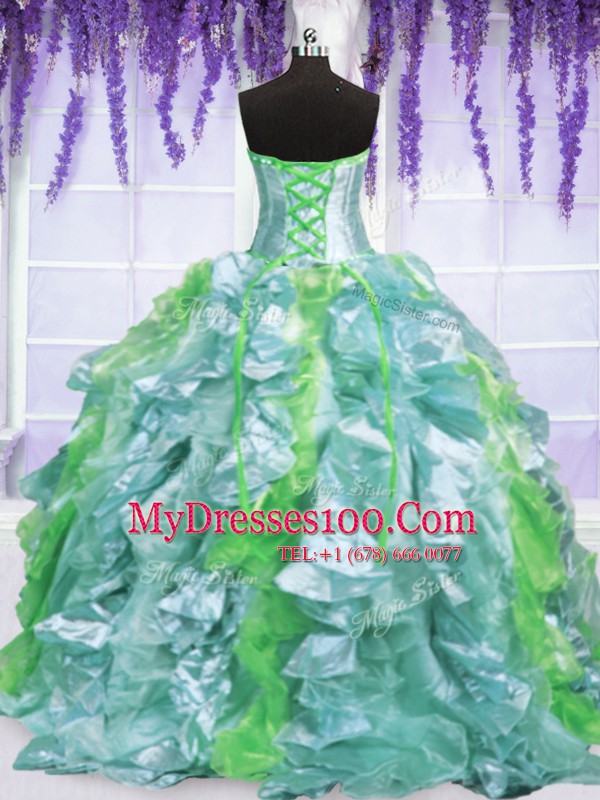 Admirable Turquoise Ball Gowns Strapless Sleeveless Organza Floor Length Lace Up Embroidery and Ruffles Quinceanera Gowns