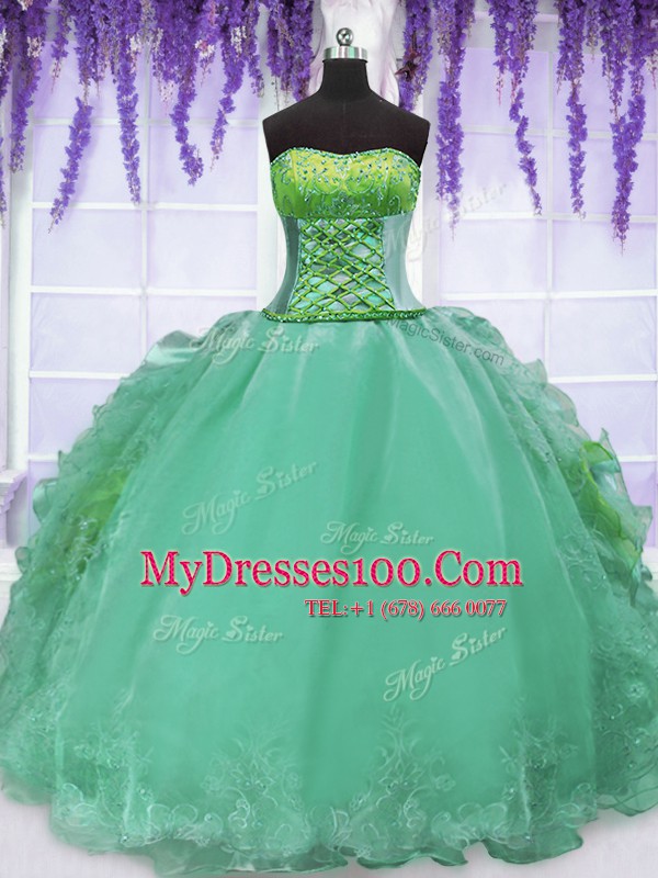 Admirable Turquoise Ball Gowns Strapless Sleeveless Organza Floor Length Lace Up Embroidery and Ruffles Quinceanera Gowns