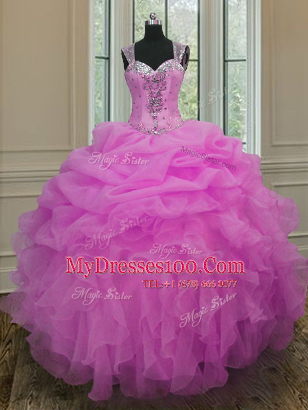 Custom Made Lilac Zipper Straps Beading and Ruffles Quinceanera Gown Organza Sleeveless