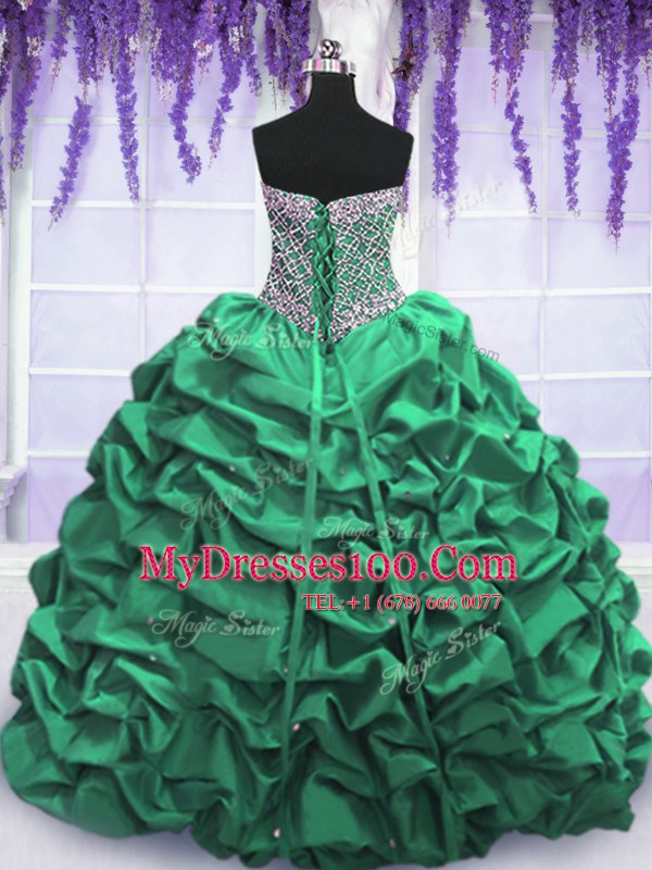 Modern Sweetheart Sleeveless 15th Birthday Dress Floor Length Beading and Sequins and Pick Ups Dark Green Taffeta