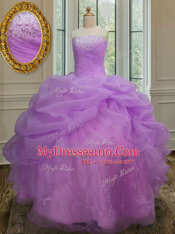 Vintage Lilac Ball Gowns Strapless Sleeveless Organza Floor Length Lace Up Embroidery and Pick Ups 15th Birthday Dress