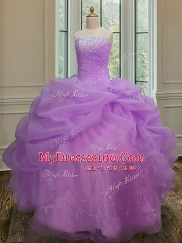 Vintage Lilac Ball Gowns Strapless Sleeveless Organza Floor Length Lace Up Embroidery and Pick Ups 15th Birthday Dress