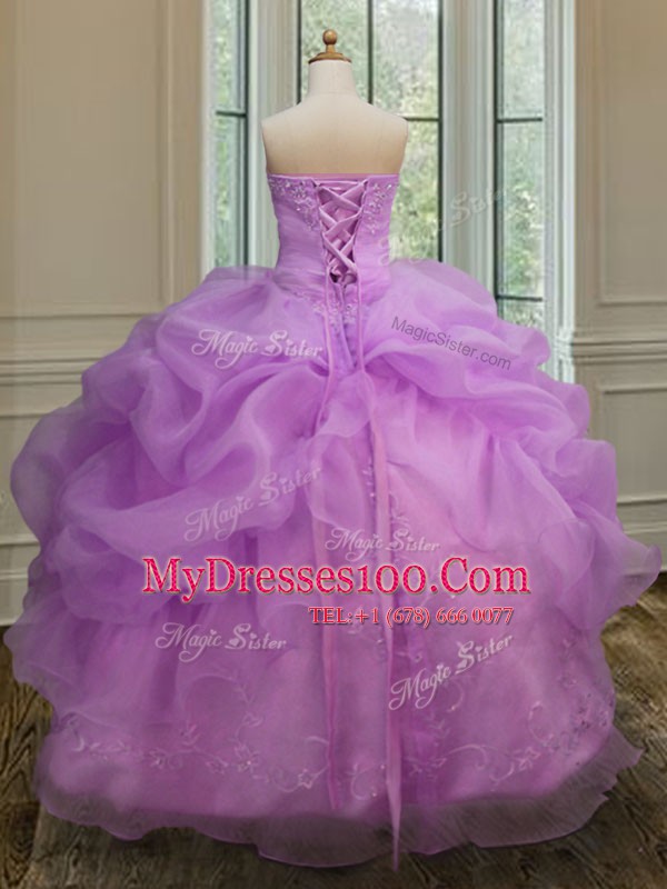 Vintage Lilac Ball Gowns Strapless Sleeveless Organza Floor Length Lace Up Embroidery and Pick Ups 15th Birthday Dress