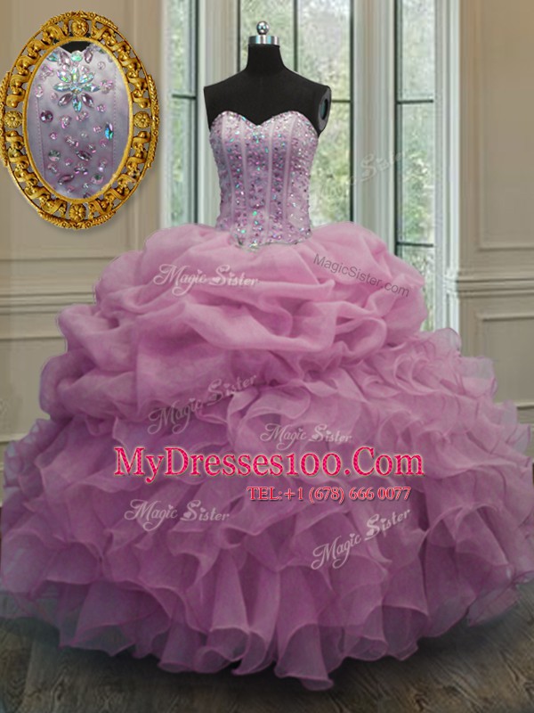 Top Selling Baby Pink Ball Gowns Sweetheart Sleeveless Organza Floor Length Lace Up Beading and Pick Ups Quinceanera Gowns