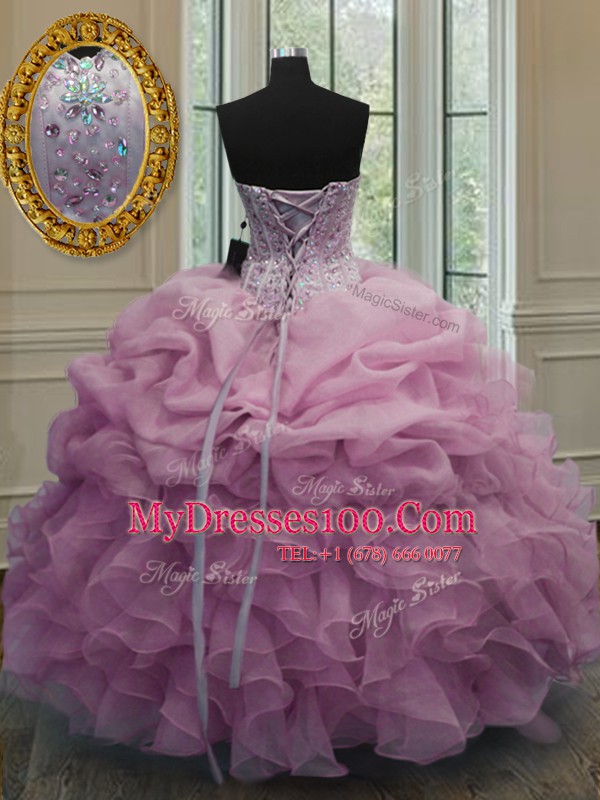 Top Selling Baby Pink Ball Gowns Sweetheart Sleeveless Organza Floor Length Lace Up Beading and Pick Ups Quinceanera Gowns