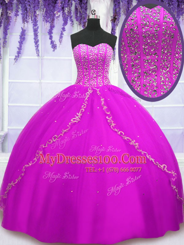 Fuchsia Lace Up Sweetheart Beading 15 Quinceanera Dress Tulle Sleeveless