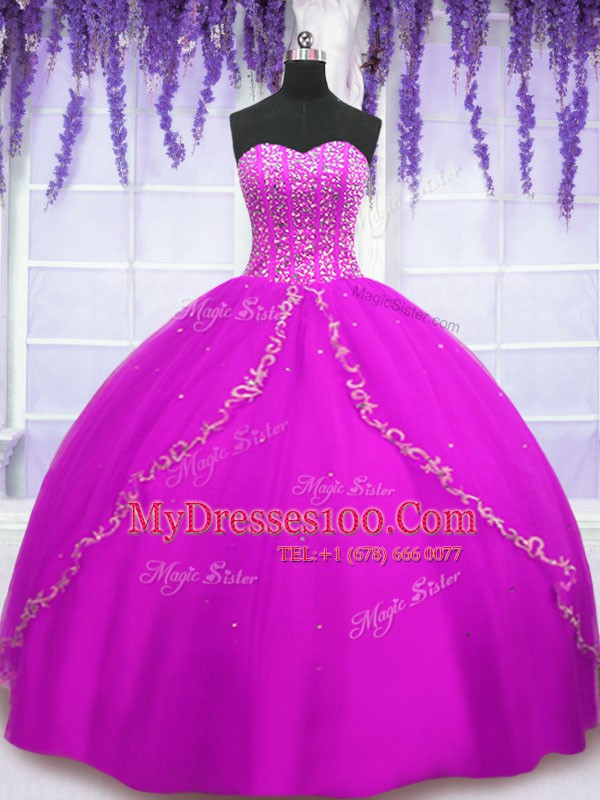 Fuchsia Lace Up Sweetheart Beading 15 Quinceanera Dress Tulle Sleeveless