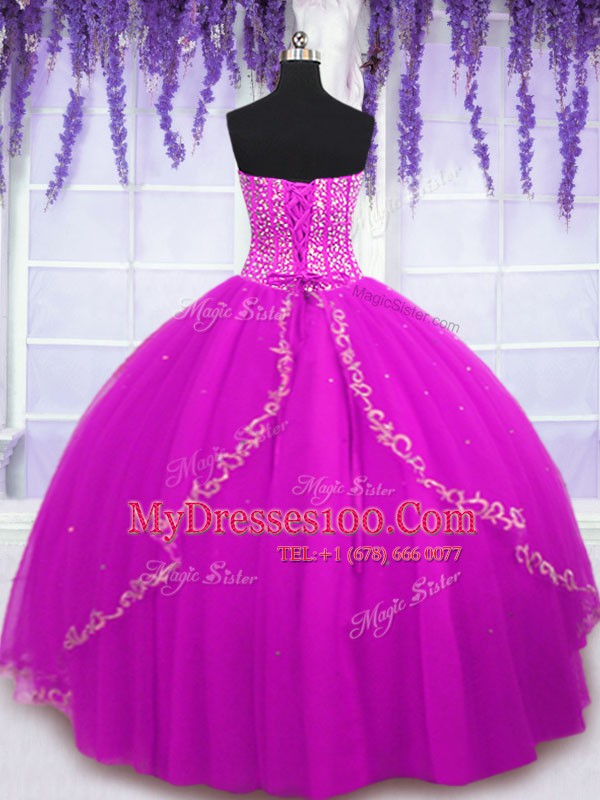 Fuchsia Lace Up Sweetheart Beading 15 Quinceanera Dress Tulle Sleeveless