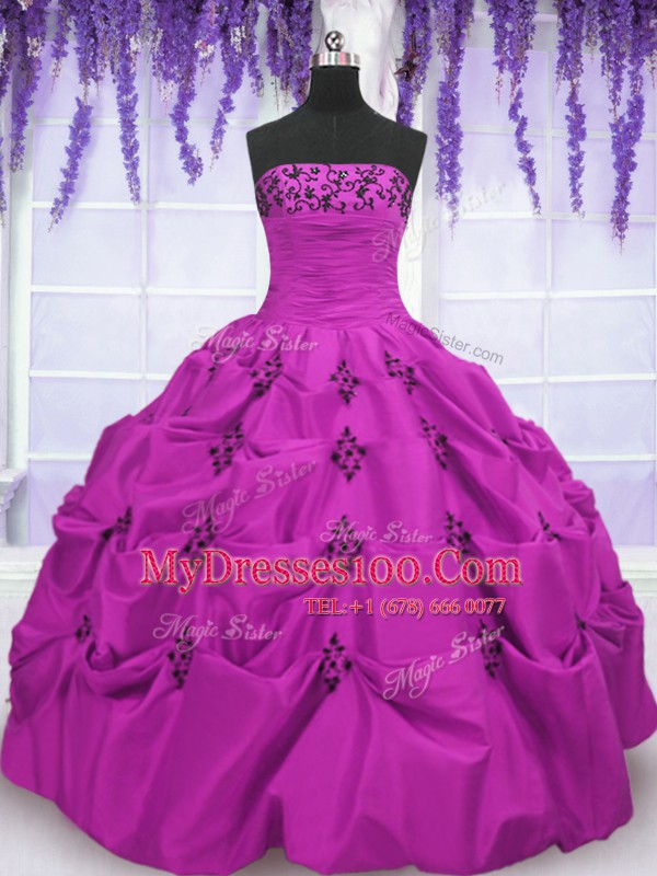 Strapless Sleeveless Ball Gown Prom Dress Floor Length Embroidery and Pick Ups Fuchsia Taffeta