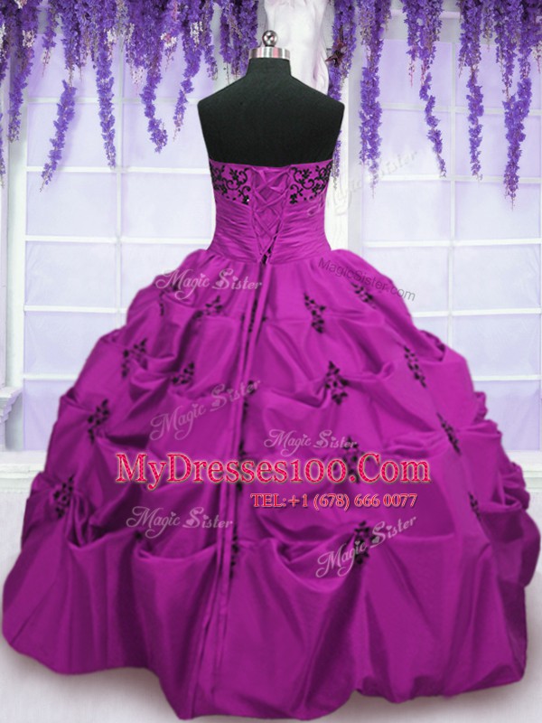 Strapless Sleeveless Ball Gown Prom Dress Floor Length Embroidery and Pick Ups Fuchsia Taffeta