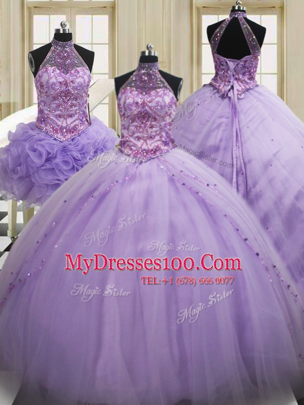 Sophisticated Three Piece Lavender Ball Gowns Tulle Halter Top Sleeveless Sequins Lace Up Quinceanera Dress Brush Train