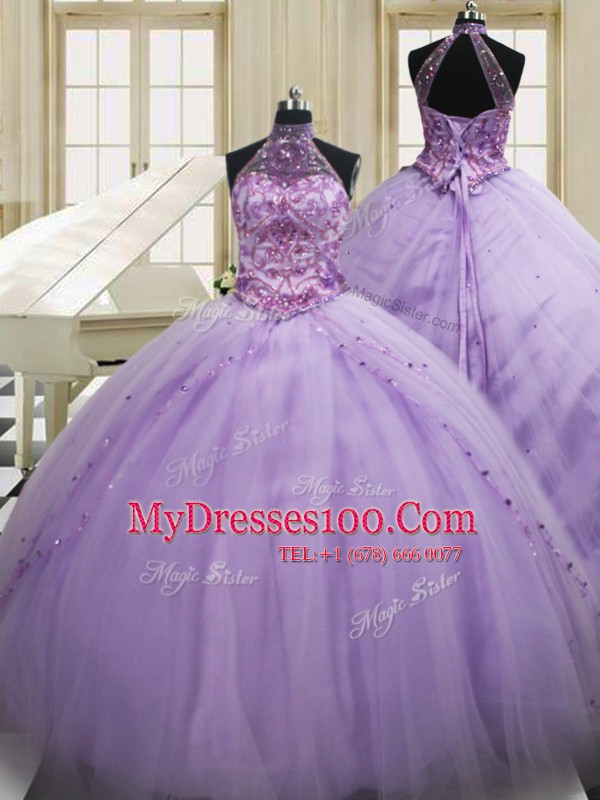 Sophisticated Three Piece Lavender Ball Gowns Tulle Halter Top Sleeveless Sequins Lace Up Quinceanera Dress Brush Train