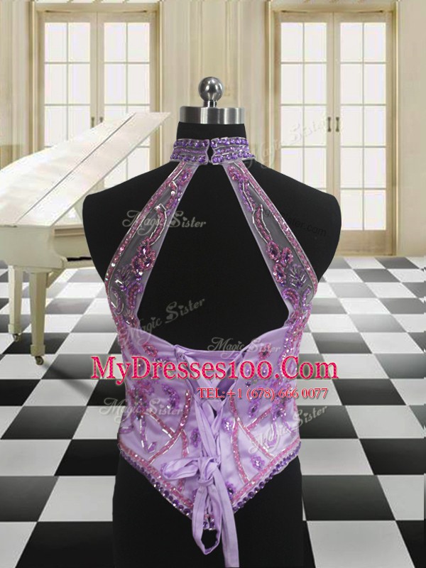 Sophisticated Three Piece Lavender Ball Gowns Tulle Halter Top Sleeveless Sequins Lace Up Quinceanera Dress Brush Train