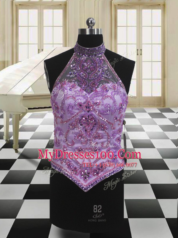 Sophisticated Three Piece Lavender Ball Gowns Tulle Halter Top Sleeveless Sequins Lace Up Quinceanera Dress Brush Train