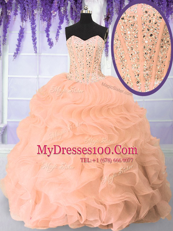 Artistic Pink Organza Lace Up Sweetheart Sleeveless Floor Length Sweet 16 Dresses Beading and Ruffles