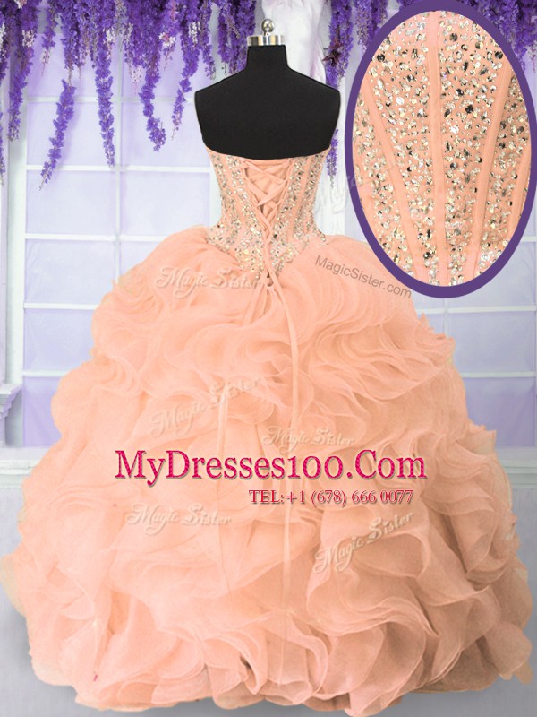 Artistic Pink Organza Lace Up Sweetheart Sleeveless Floor Length Sweet 16 Dresses Beading and Ruffles