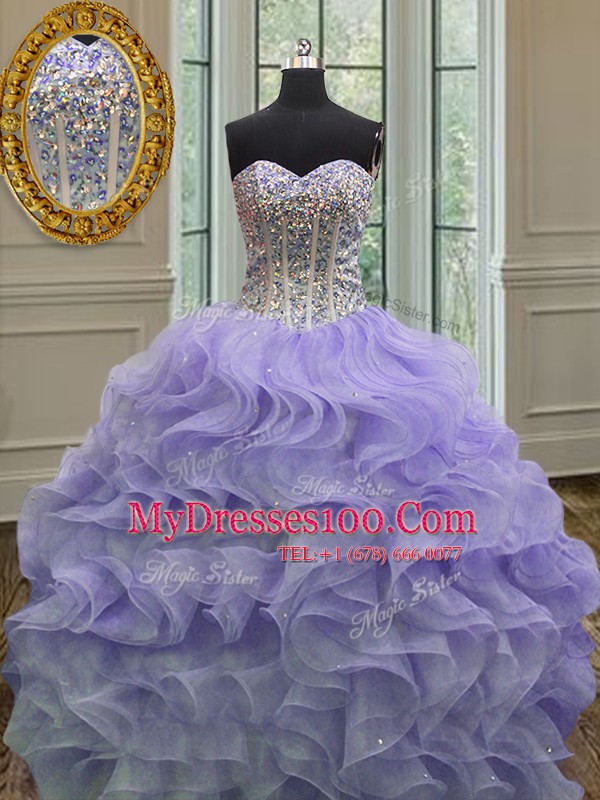 Most Popular Lavender Organza Lace Up Sweet 16 Quinceanera Dress Sleeveless Floor Length Beading and Ruffles