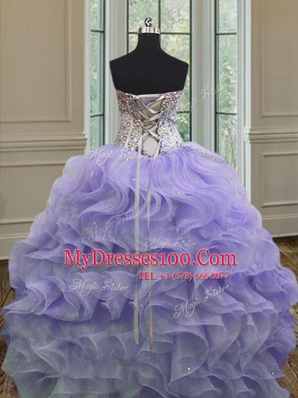 Most Popular Lavender Organza Lace Up Sweet 16 Quinceanera Dress Sleeveless Floor Length Beading and Ruffles