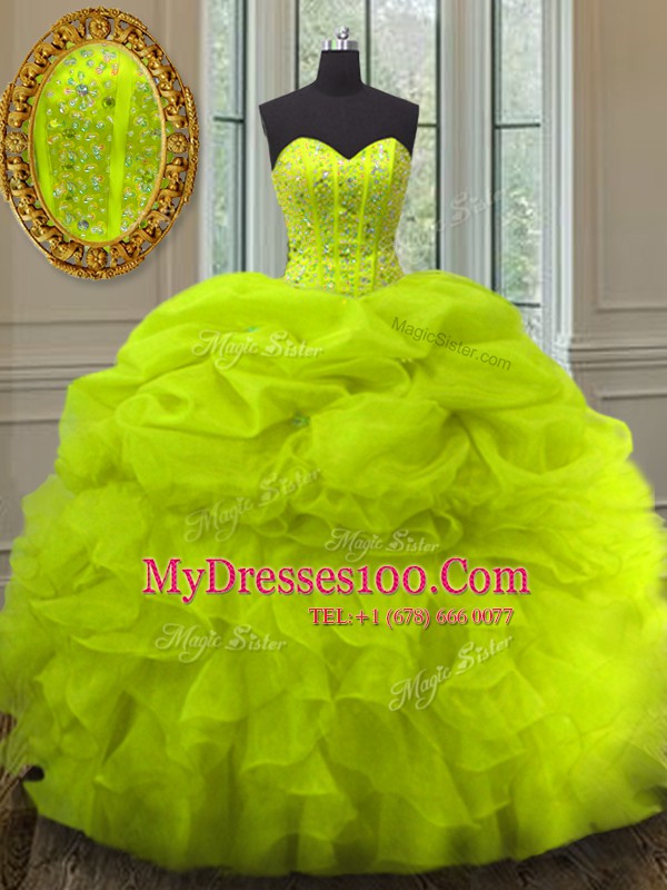 Hot Sale Pick Ups Floor Length Ball Gowns Sleeveless Yellow Green Sweet 16 Dress Lace Up