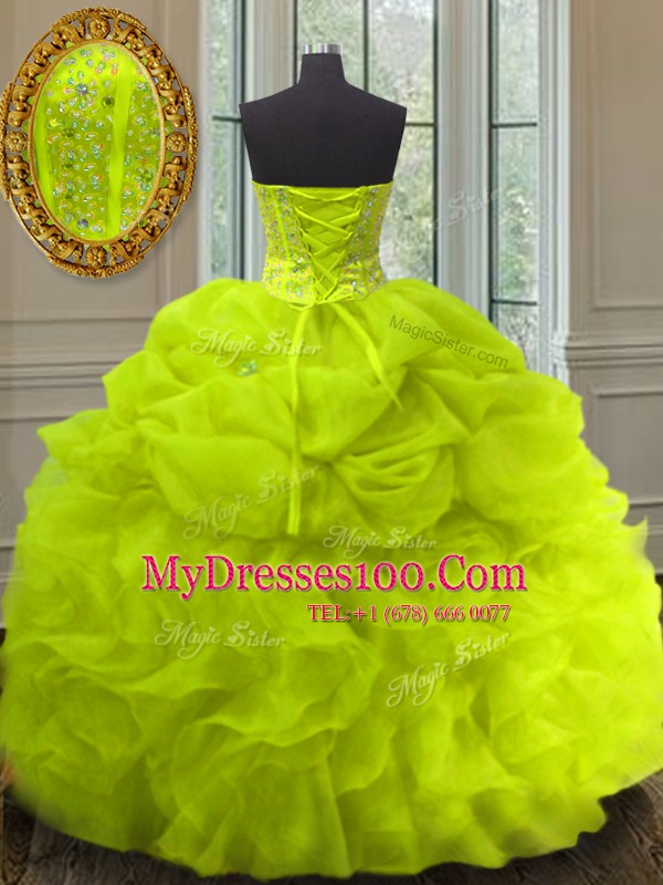 Hot Sale Pick Ups Floor Length Ball Gowns Sleeveless Yellow Green Sweet 16 Dress Lace Up