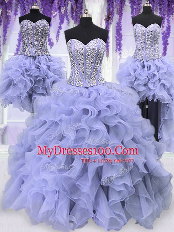 Four Piece Lavender Quinceanera Gown Military Ball and Sweet 16 and Quinceanera and For with Ruffles and Sequins Sweetheart Sleeveless Lace Up