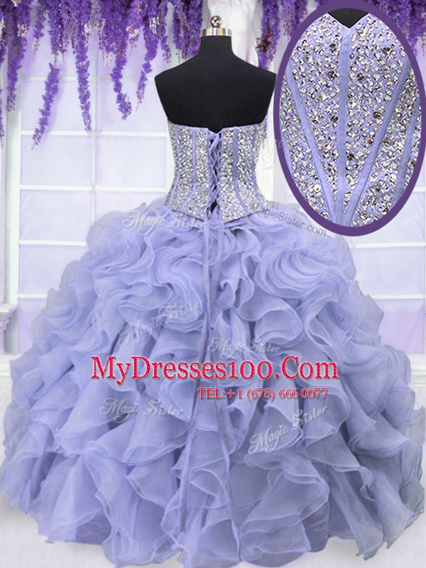 Four Piece Lavender Quinceanera Gown Military Ball and Sweet 16 and Quinceanera and For with Ruffles and Sequins Sweetheart Sleeveless Lace Up