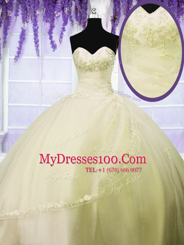 Light Yellow Ball Gowns Tulle Sweetheart Sleeveless Appliques Floor Length Lace Up 15th Birthday Dress