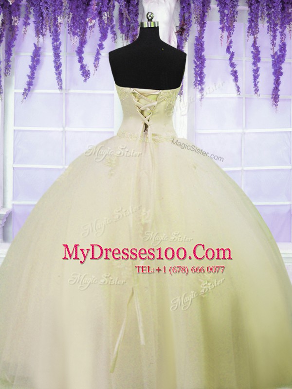 Light Yellow Ball Gowns Tulle Sweetheart Sleeveless Appliques Floor Length Lace Up 15th Birthday Dress