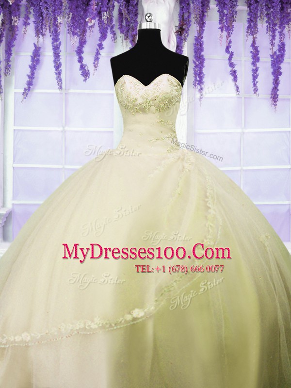 Light Yellow Ball Gowns Tulle Sweetheart Sleeveless Appliques Floor Length Lace Up 15th Birthday Dress