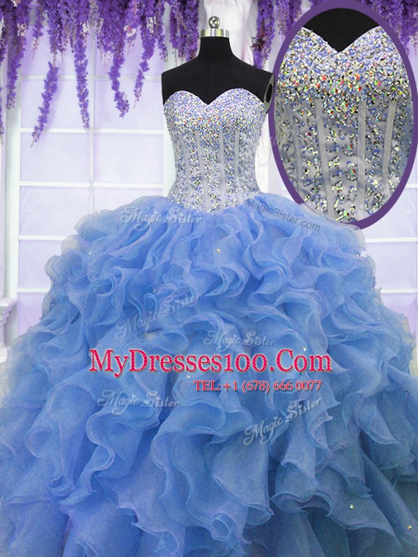 Eye-catching Sweetheart Sleeveless Lace Up Quinceanera Gown Blue Organza