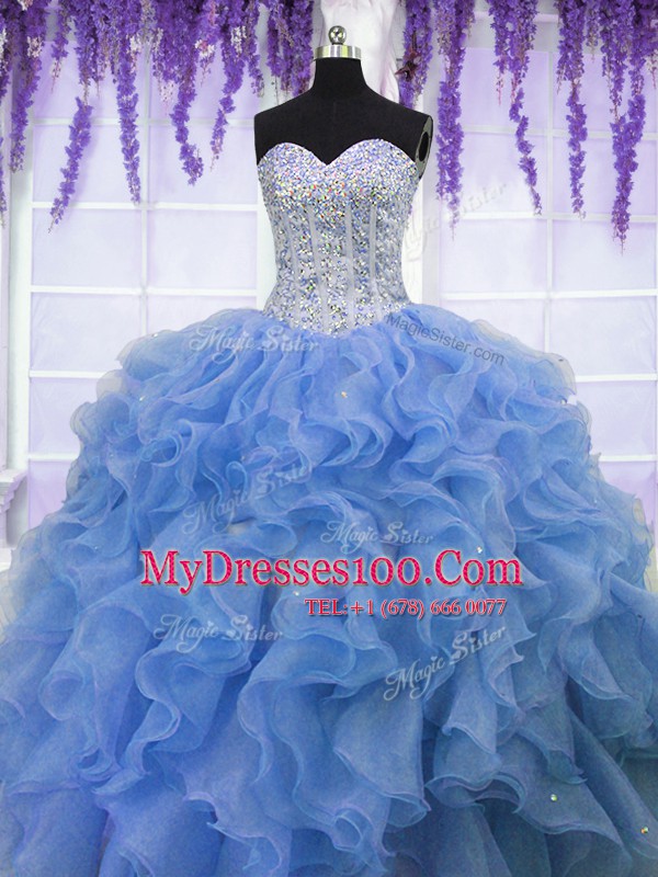 Eye-catching Sweetheart Sleeveless Lace Up Quinceanera Gown Blue Organza