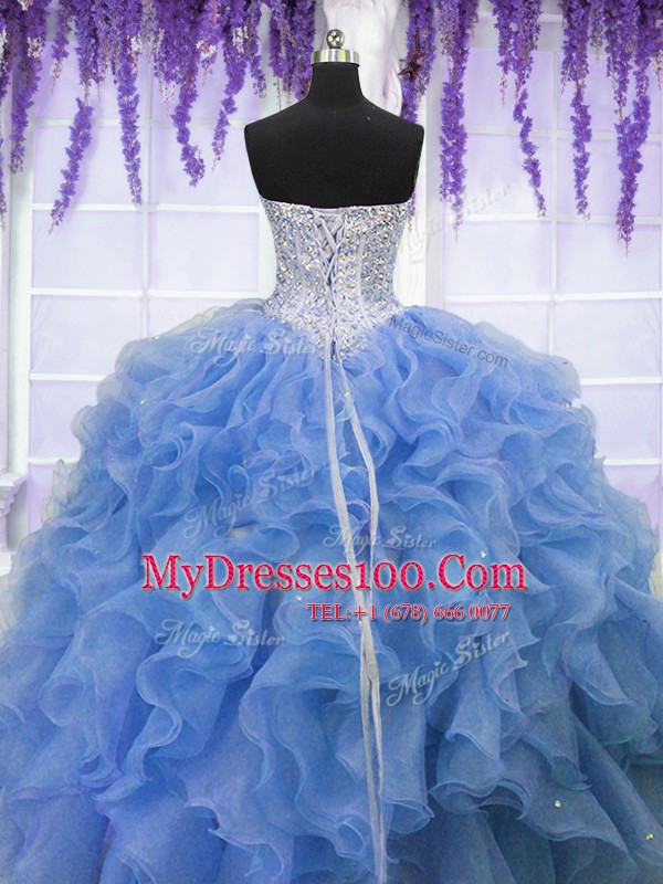 Eye-catching Sweetheart Sleeveless Lace Up Quinceanera Gown Blue Organza