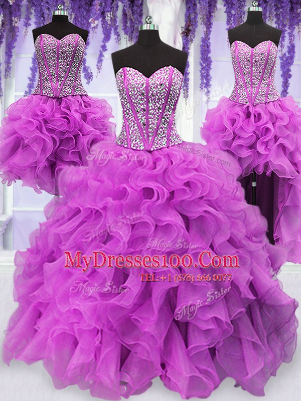Four Piece Fuchsia Organza Lace Up 15th Birthday Dress Sleeveless Floor Length Ruffles and Sequins