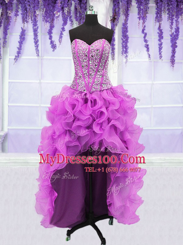 Four Piece Fuchsia Organza Lace Up 15th Birthday Dress Sleeveless Floor Length Ruffles and Sequins