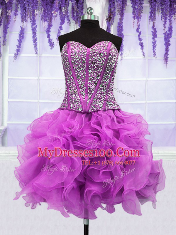 Four Piece Fuchsia Organza Lace Up 15th Birthday Dress Sleeveless Floor Length Ruffles and Sequins