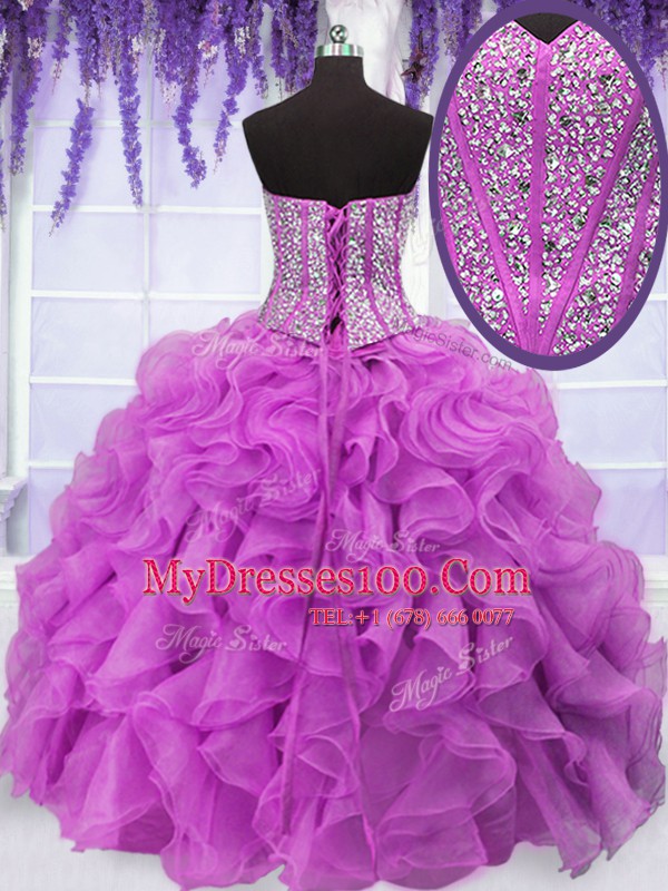 Four Piece Fuchsia Organza Lace Up 15th Birthday Dress Sleeveless Floor Length Ruffles and Sequins