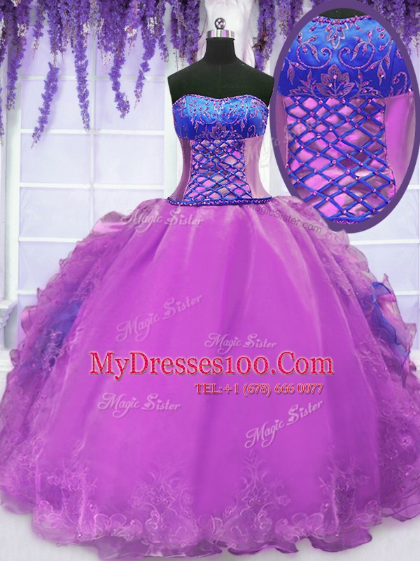 Luxury Purple Ball Gowns Organza Strapless Sleeveless Embroidery and Ruffles Floor Length Lace Up 15 Quinceanera Dress