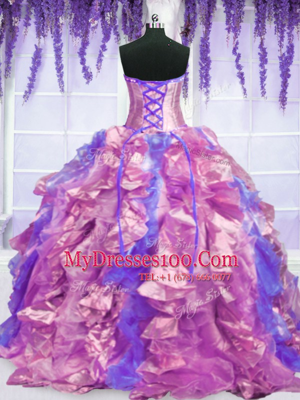 Luxury Purple Ball Gowns Organza Strapless Sleeveless Embroidery and Ruffles Floor Length Lace Up 15 Quinceanera Dress
