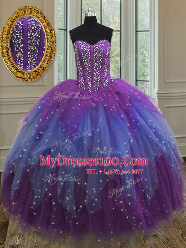 Fine Sequins Ball Gowns 15th Birthday Dress Multi-color Sweetheart Tulle Sleeveless Floor Length Lace Up