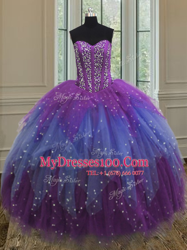 Fine Sequins Ball Gowns 15th Birthday Dress Multi-color Sweetheart Tulle Sleeveless Floor Length Lace Up