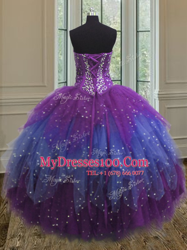 Fine Sequins Ball Gowns 15th Birthday Dress Multi-color Sweetheart Tulle Sleeveless Floor Length Lace Up
