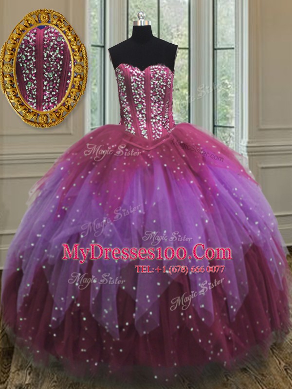Custom Fit Sweetheart Sleeveless Quinceanera Dresses Floor Length Beading and Ruffles and Sequins Multi-color Tulle