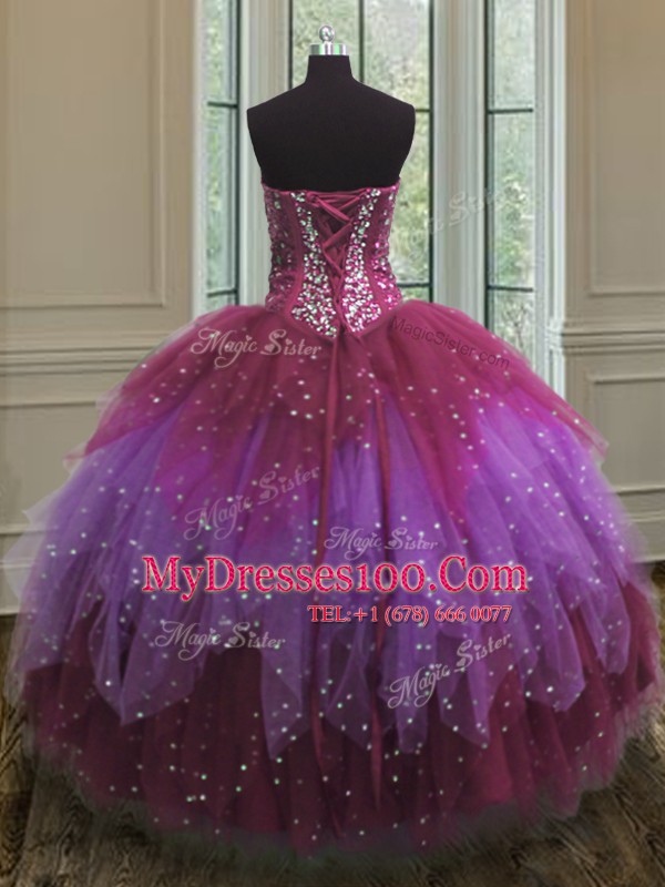 Custom Fit Sweetheart Sleeveless Quinceanera Dresses Floor Length Beading and Ruffles and Sequins Multi-color Tulle